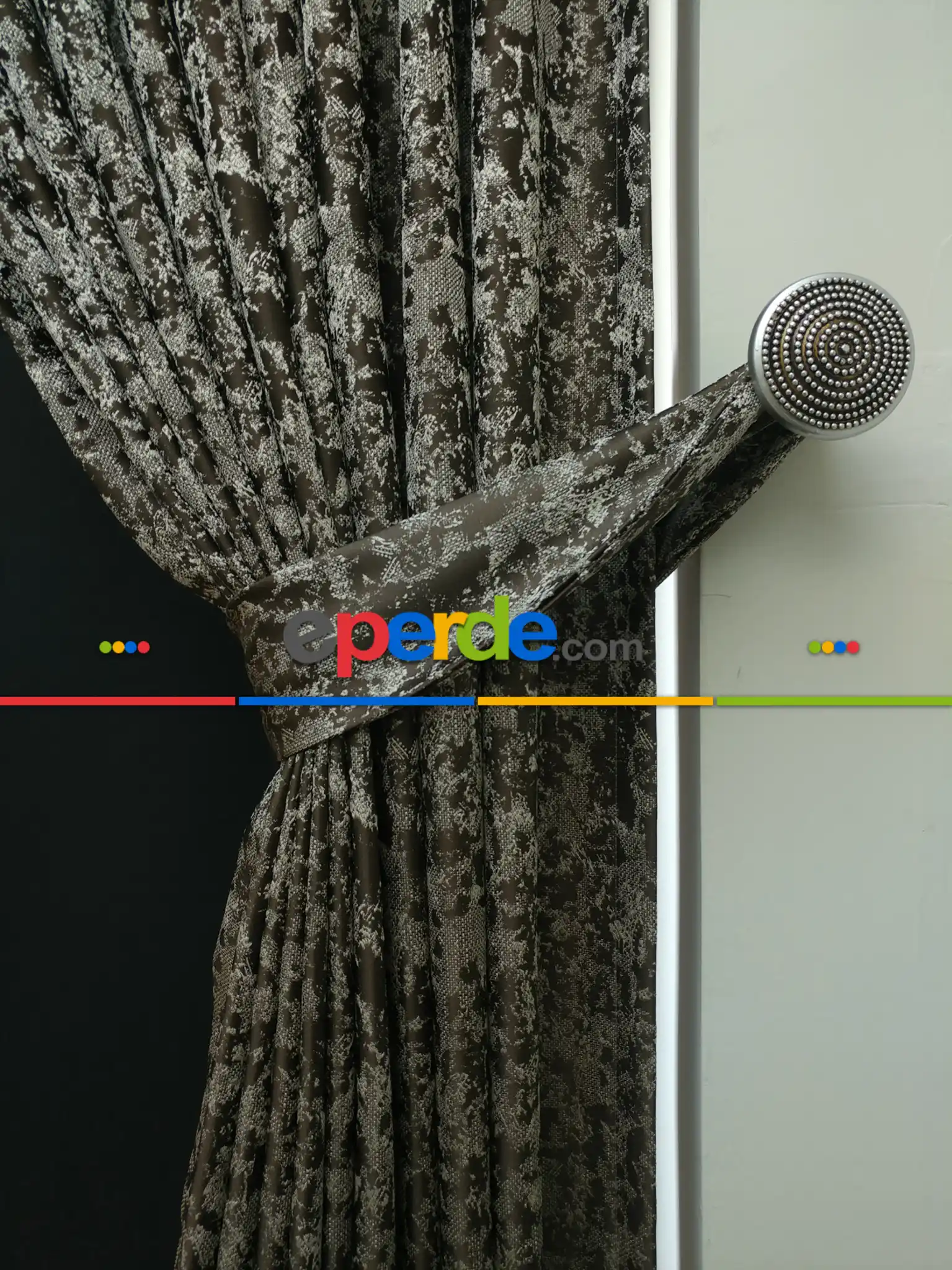 Krem Kahve Desenli Jakar Fon Perde - Kahve