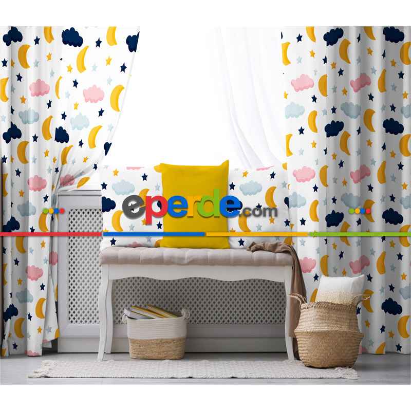 Gökyüzü Bulut Desenli Fon Perde Evim835 Kumaşı Kalındır Duck Bezi Değildir- Mavi-beyaz