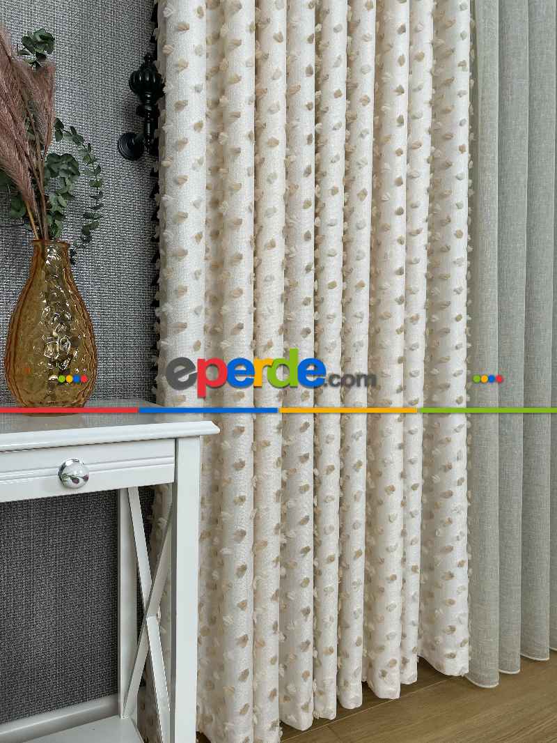 Oturma Odası - Krem Kahve Ponponlu Jakar Dokuma, Premium Kalite Serisi Fon Perde