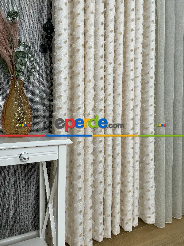 Yatak Odası - Krem Kahve Ponponlu Jakar Dokuma, Premium Kalite Serisi Fon Perde