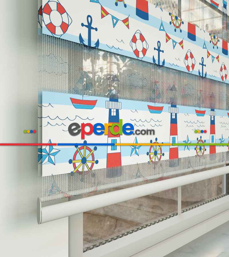 Bebek Odası Zebra Perde - Çapa Baskılı Zebra Perde- Mavi-Kırmızı-Beyaz