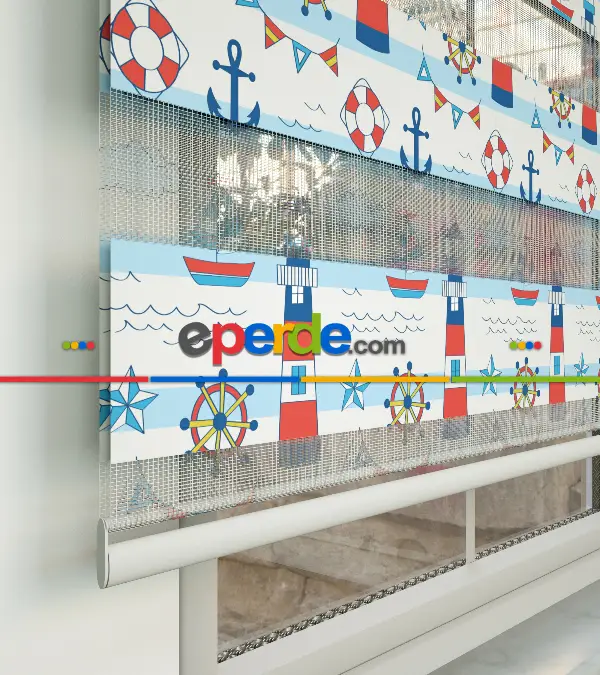 Bebek Odası Zebra Perde - Çapa Baskılı Zebra Perde- Mavi-Kırmızı-Beyaz