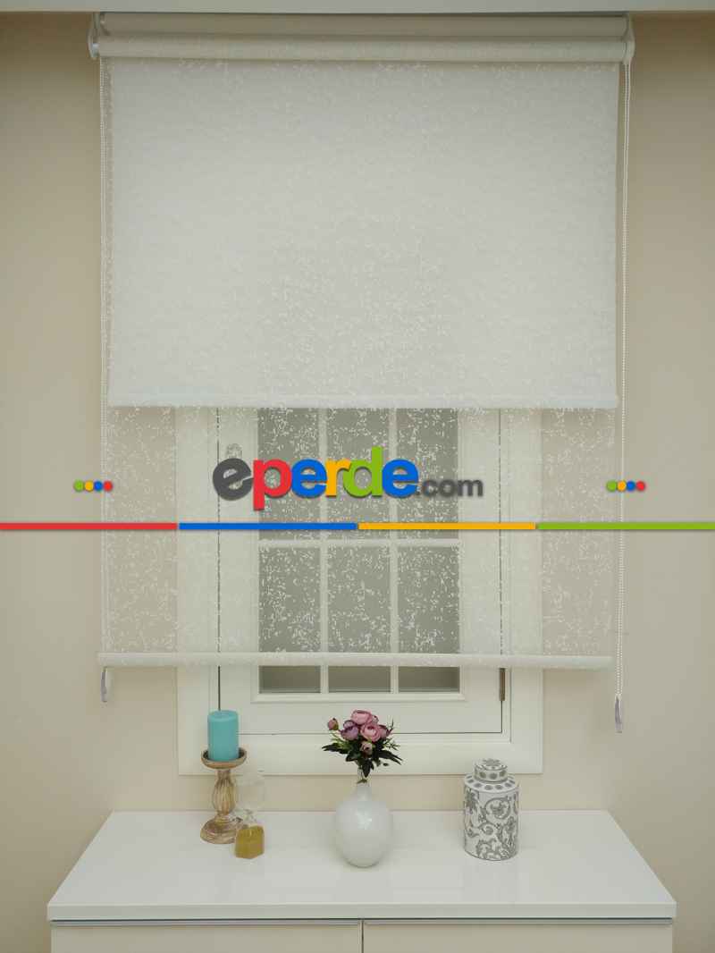 Mutfak - Jakar Örme Tül- Ekru Çiftli Sistem Dantel Desenli Perde- Ekru