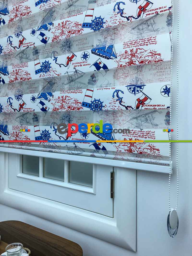 Çocuk Odası - Zebra Perde - Gemi Baskılı- Mavi