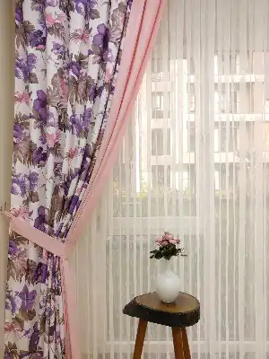 Pembe - Mor Çiçek Desenli Fon Perde- Pembe-Mor