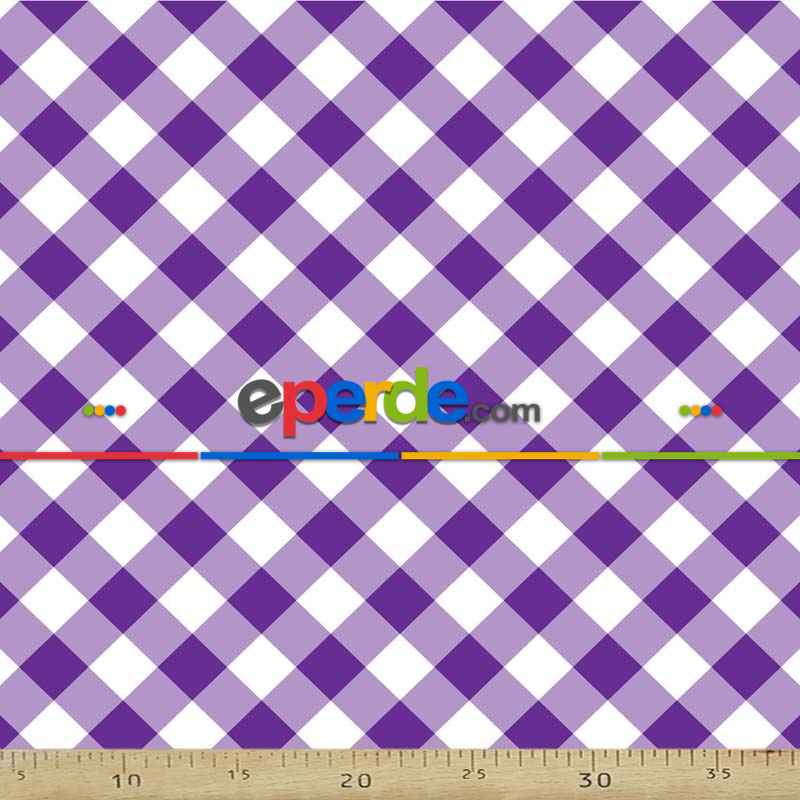 Mor Ekoseli Mutfak Perdesi Kanat Fon Perde Desenli- Beyaz