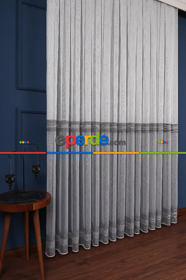 Yatak Odası - Ekru - Antrasit Gri Düz Tül Perde Ütü Istemez