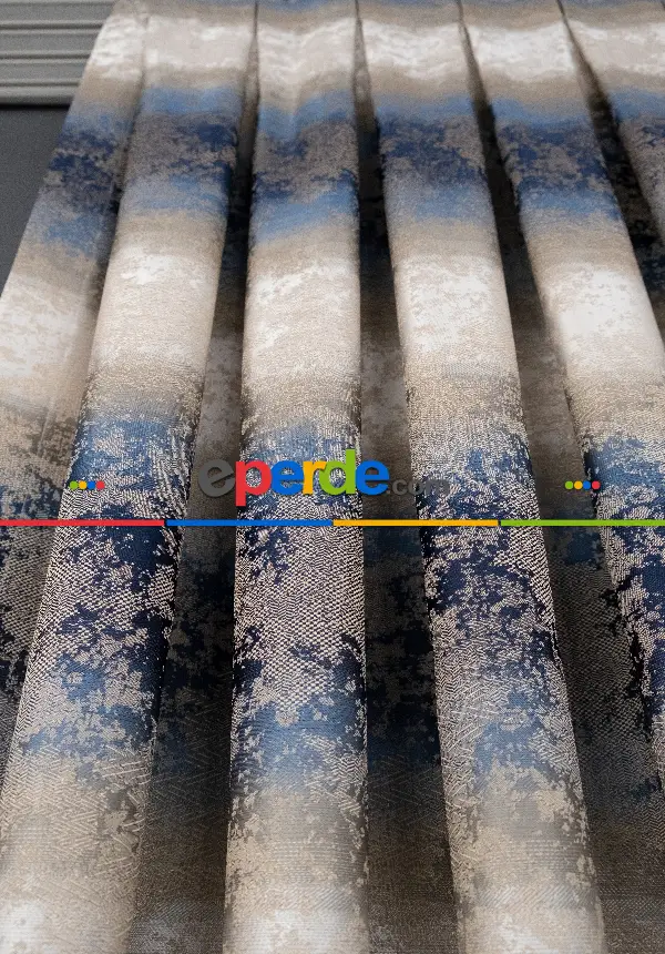 Patinedesenli Gökkuşağı Desen Koyu Lacivert Bej Jakar Fon Perde