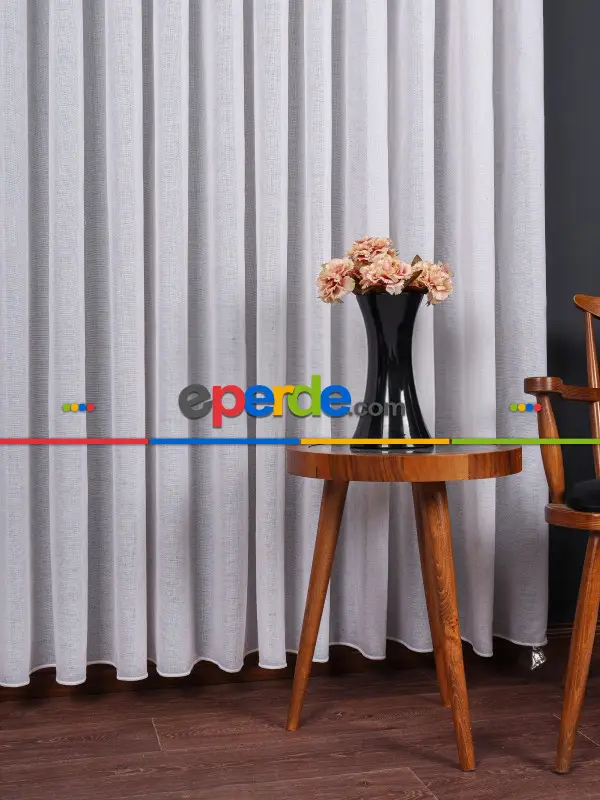 Hazel Beyaz-kahverengi Detaylı Keten Düz Tül Perde Gramajlı