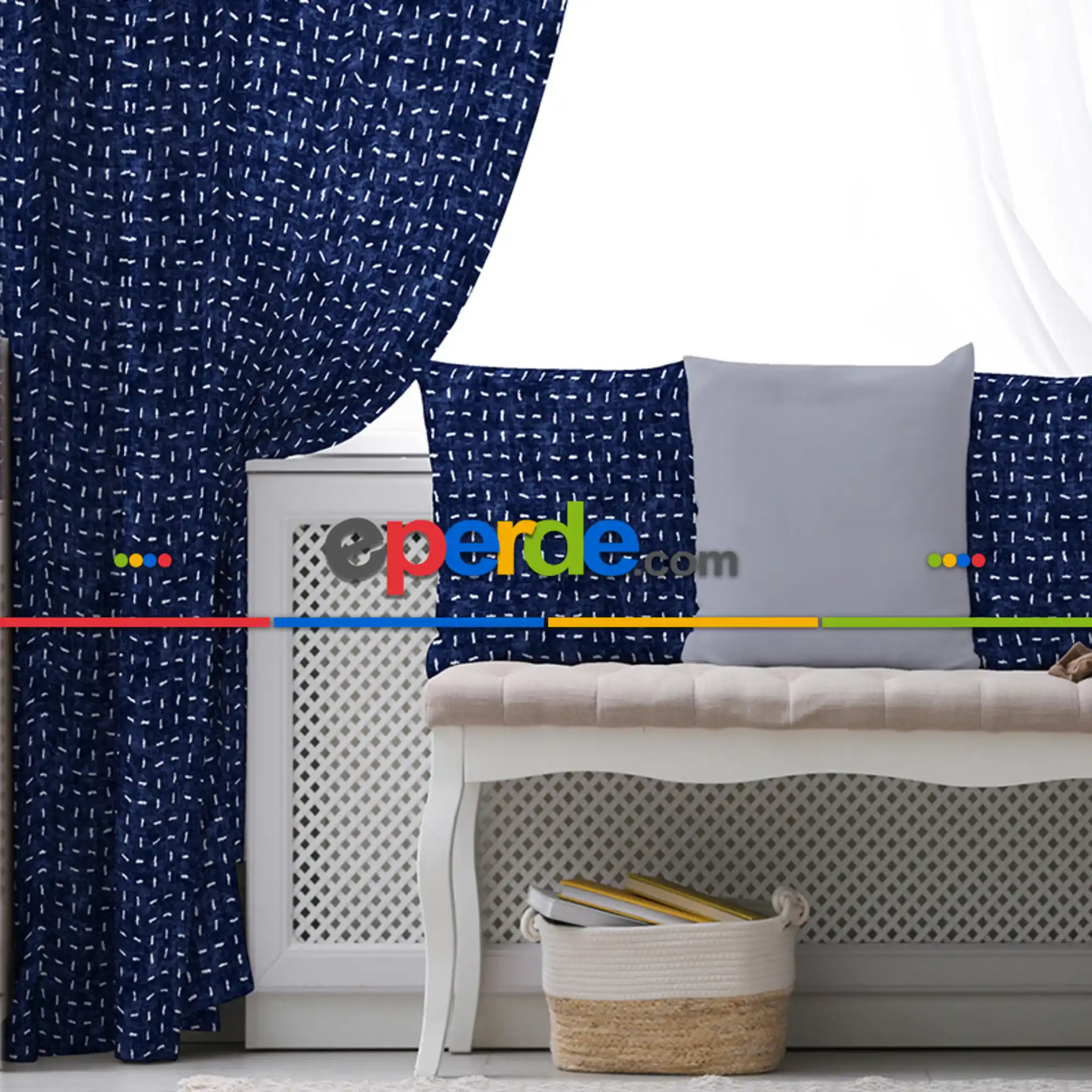 Oturma Odası Fon Perde Evim1529 Kumaşı Kalındır Duck Bezi Değildir- Mavi-beyaz