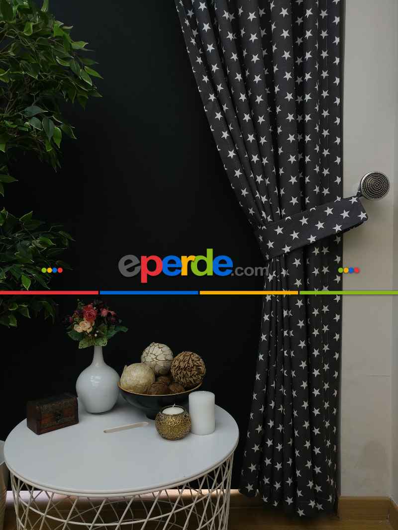 Siyah-beyaz Yıldız Desenli Fon Perde ( Leke Tutmaz )- Siyah-beyaz