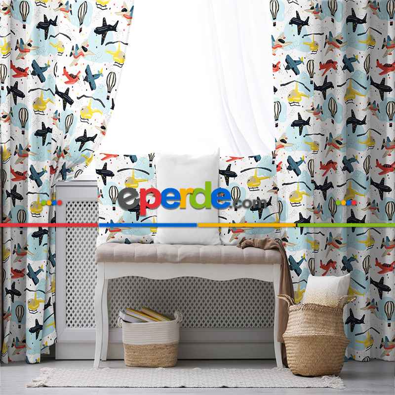Çocuk Odası - Uçan Araçlar Fon Perde Evim801 Kumaşı Kalındır Duck Bezi Değildir- Mavi-beyaz