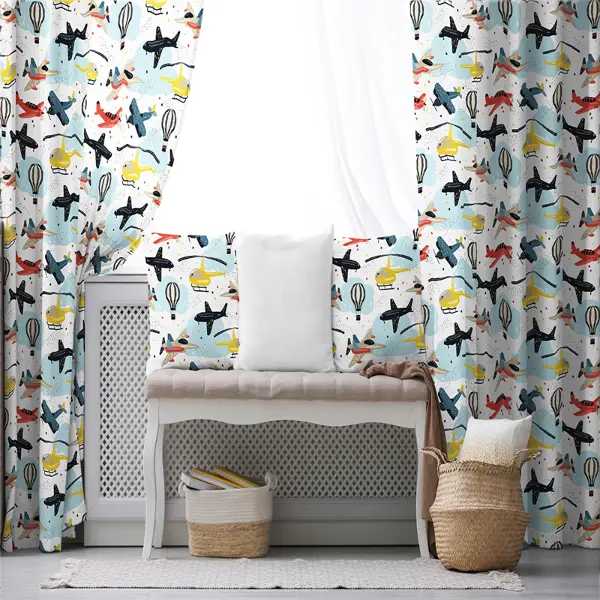 Uçan Araçlar Fon Perde Evim801 Kumaşı Kalındır Duck Bezi Değildir- Mavi-beyaz