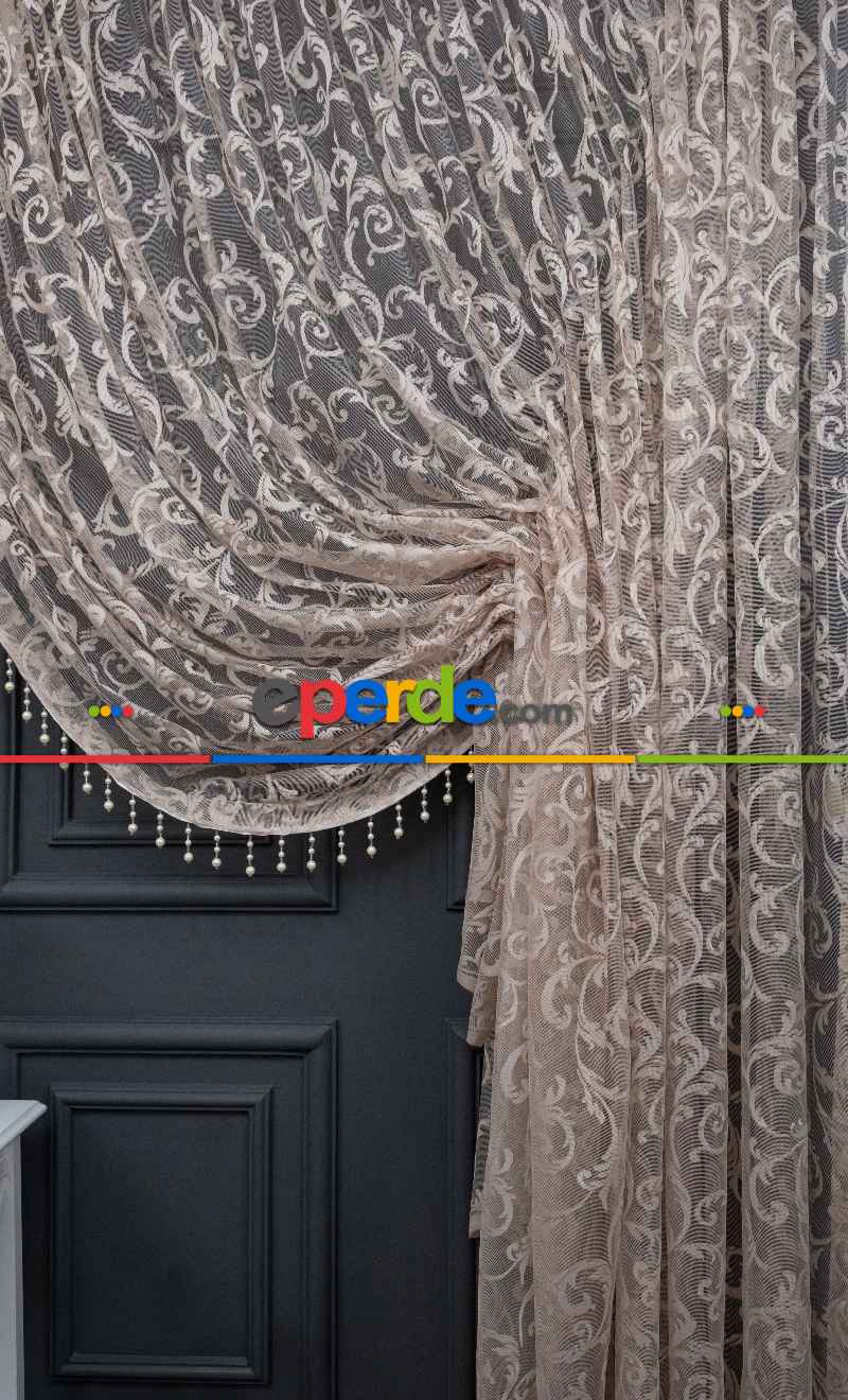 Vizon Bej Açık Kahverenk Renk Desen Şal Model Tül Kruvaze Yanki Tül