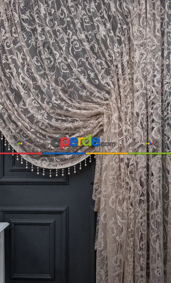 Salon Tül Modelleri - Vizon Bej Açık Kahverenk Renk Desen Şal Model Tül Kruvaze Yanki Tül