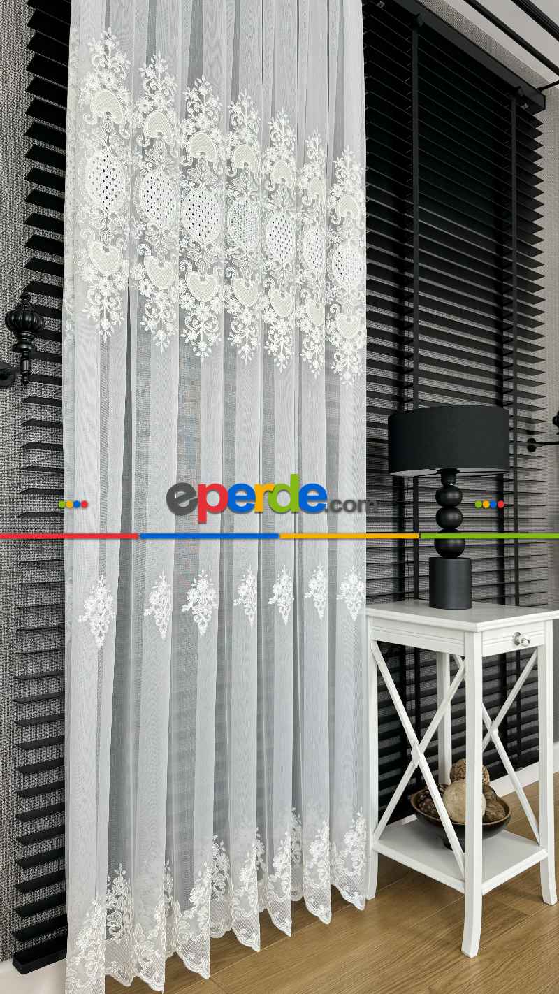 Ekru Özel Dokuma, Özel İplik Hafif Simli Brode İşlemeli Tül Perde - Ağır Gramajlı Premium Nakışlı