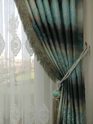 Renk Geçişli Jakar Damask Desenli Salon Fon Perdesi - Lacivert - Mavi - Bej ( Kendinden Saçaklı)- Bej-füme-turkuaz