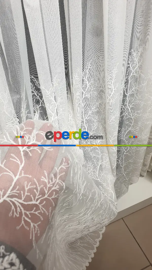 Salon - Selvi İşlemeli Tül Perde- Beyaz