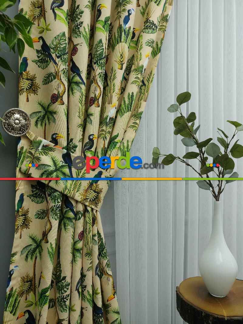 Mutfak Perdesi Kanat Fon Perde Desenli- Mavi