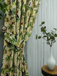 Genç Odası - Tropikal Desenli Fon Perde Evm739 Kumaşı Kalındır Duck Bezi Değildir- Mavi-Kahverengi-Sarı-Beyaz-Krem-Açık Yeşil