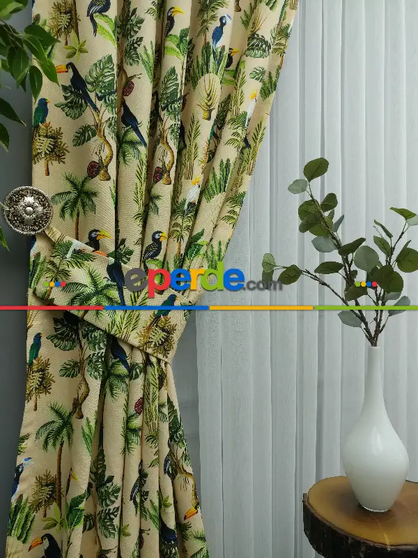 Tropikal Desenli Fon Perde Evm739 Kumaşı Kalındır Duck Bezi Değildir- Mavi-Kahverengi-Sarı-Beyaz-Krem-Açık Yeşil