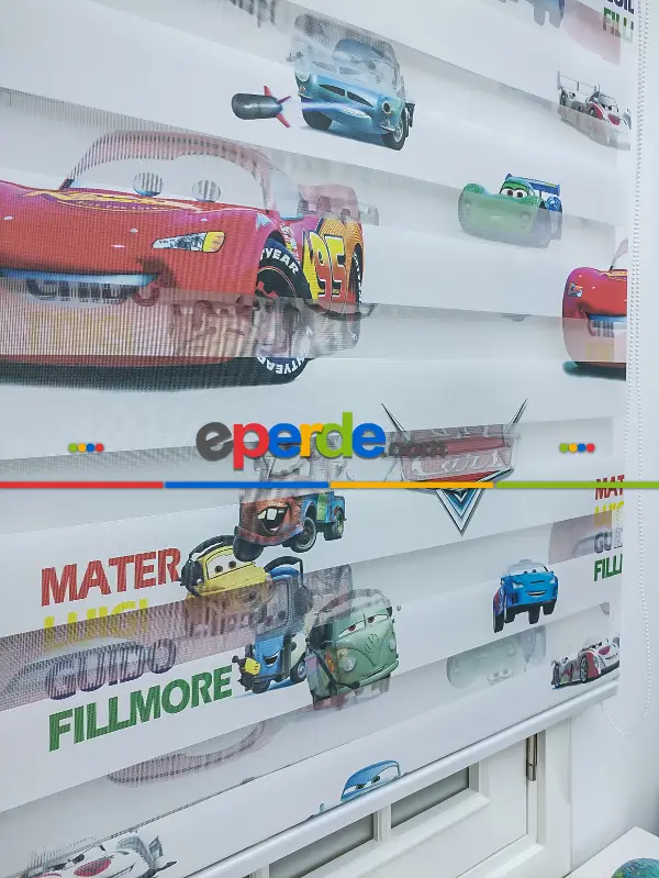 Çocuk Odası - Şimşek Mcqueen Zebra Perde - Arabalar Zebra- Mavi