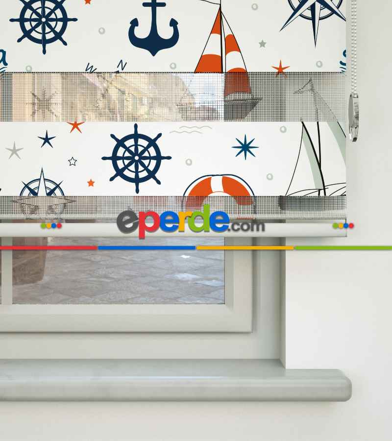 Bebek Odası Zebra Perde - Çapa Desen Baskılı Zebra Perde- Lacivert-Mavi-Kırmızı-Beyaz