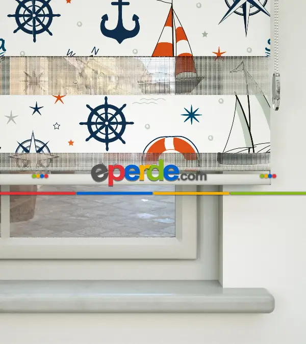 Bebek Odası Zebra Perde - Çapa Desen Baskılı Zebra Perde- Lacivert-Mavi-Kırmızı-Beyaz