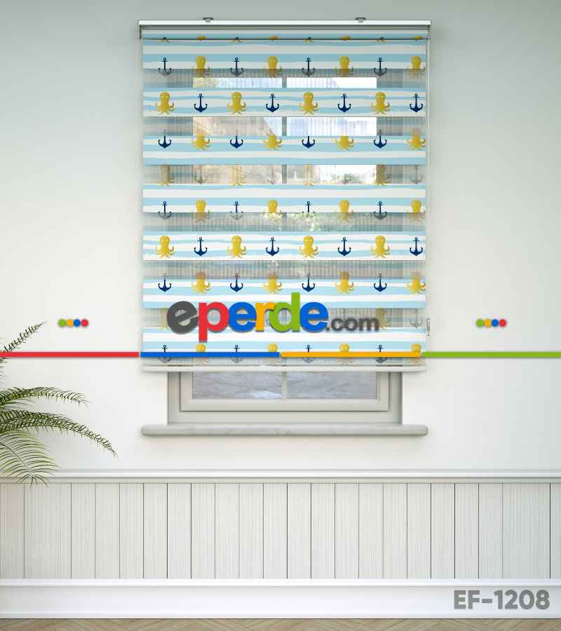 Çocuk Odası Zebra Perde - Çapa Baskılı Zebra Perde- Lacivert-Mavi-Sarı-Beyaz