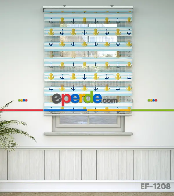 Bebek Odası Zebra Perde - Çapa Baskılı Zebra Perde- Lacivert-Mavi-Sarı-Beyaz