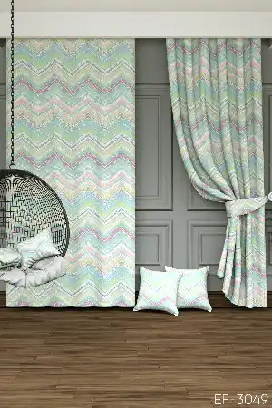 Dökümlü Kumaştan Çocuk Odası - Soft Renkler Zigzag Baskılı Fon Perde- Pembe-Açık Yeşil-Mavi Açık-Ekru