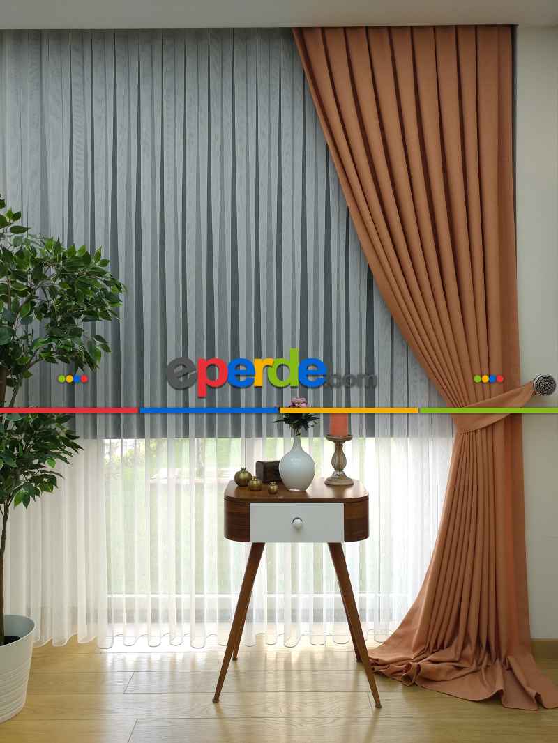 Yatak Odası - Keten Oranj Renk Düz Fon Perde- Turuncu