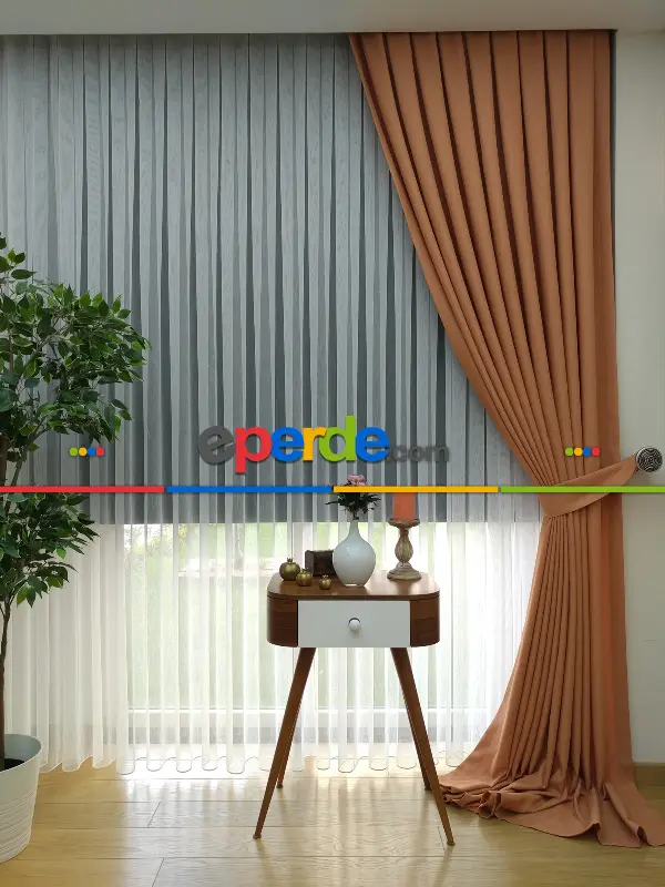 Yatak Odası - Keten Oranj Renk Düz Fon Perde- Turuncu