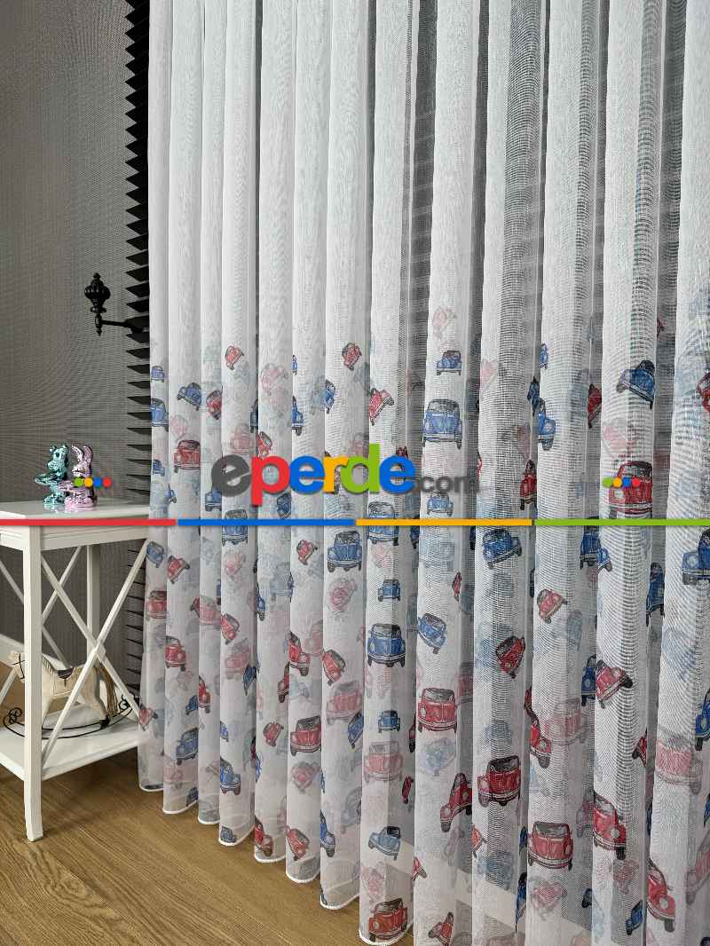 Çok Renkli Araba Desen Baskılı Tül Perde, Çocuk-bebek Odası, Premium Seri
