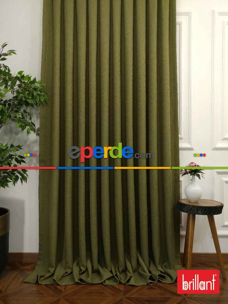 Brillant Keten Yeşil Renk Düz Fon Perde - Yeşil