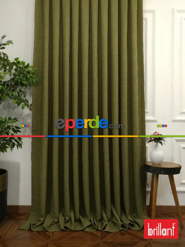 Yatak Odası - Brillant Keten Yeşil Renk Düz Fon Perde - Yeşil