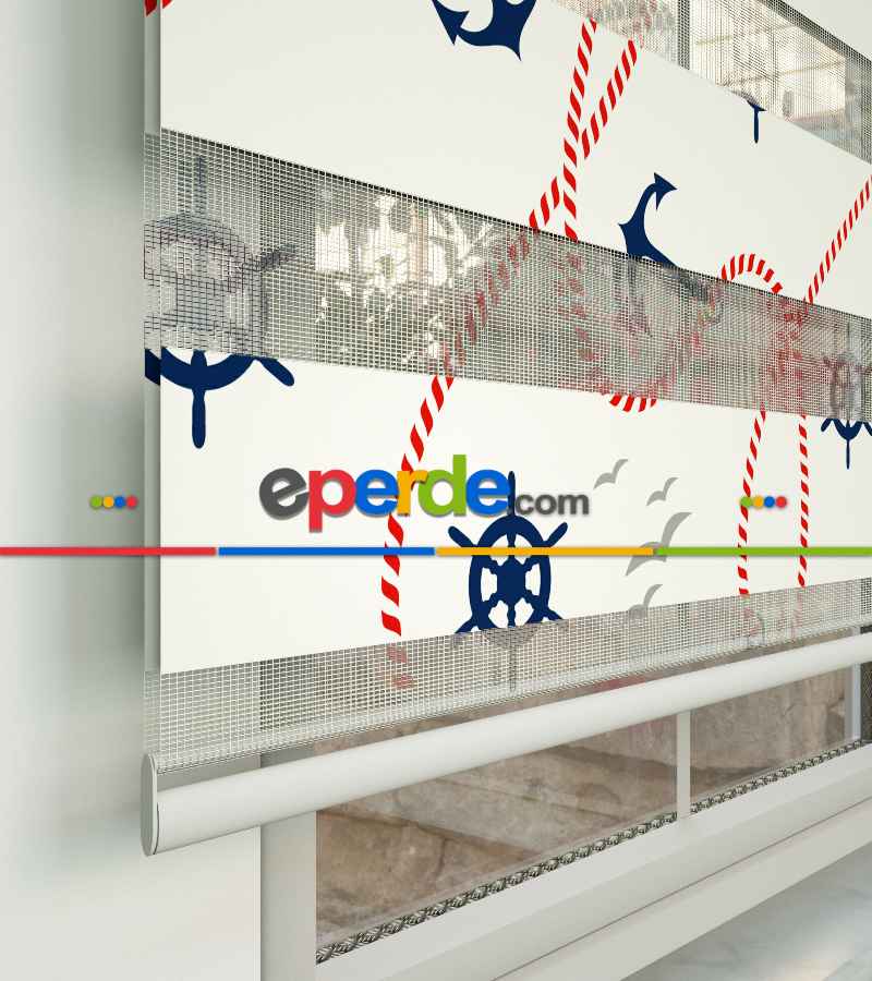 Bebek Odası Zebra Perde - Çapa Baskılı Zebra Perde- Mavi-Kırmızı-Beyaz