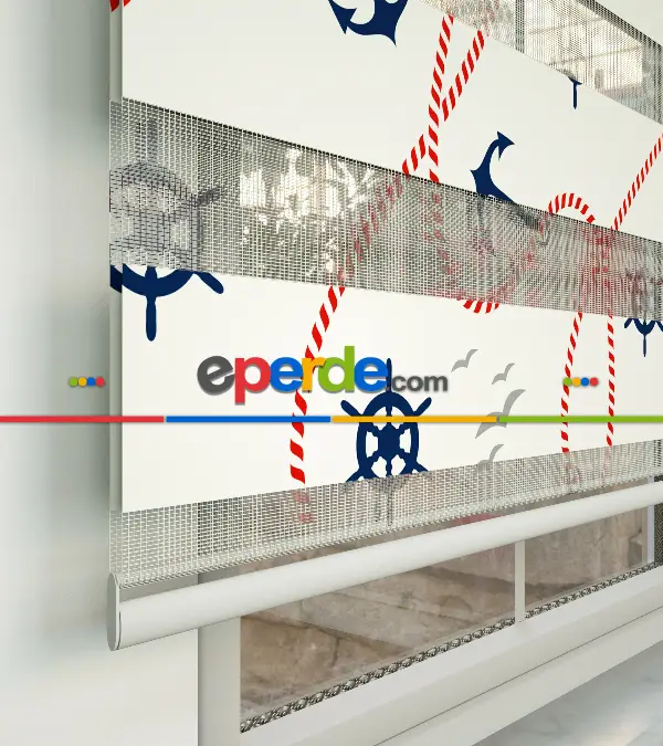 Bebek Odası Zebra Perde - Çapa Baskılı Zebra Perde- Mavi-Kırmızı-Beyaz