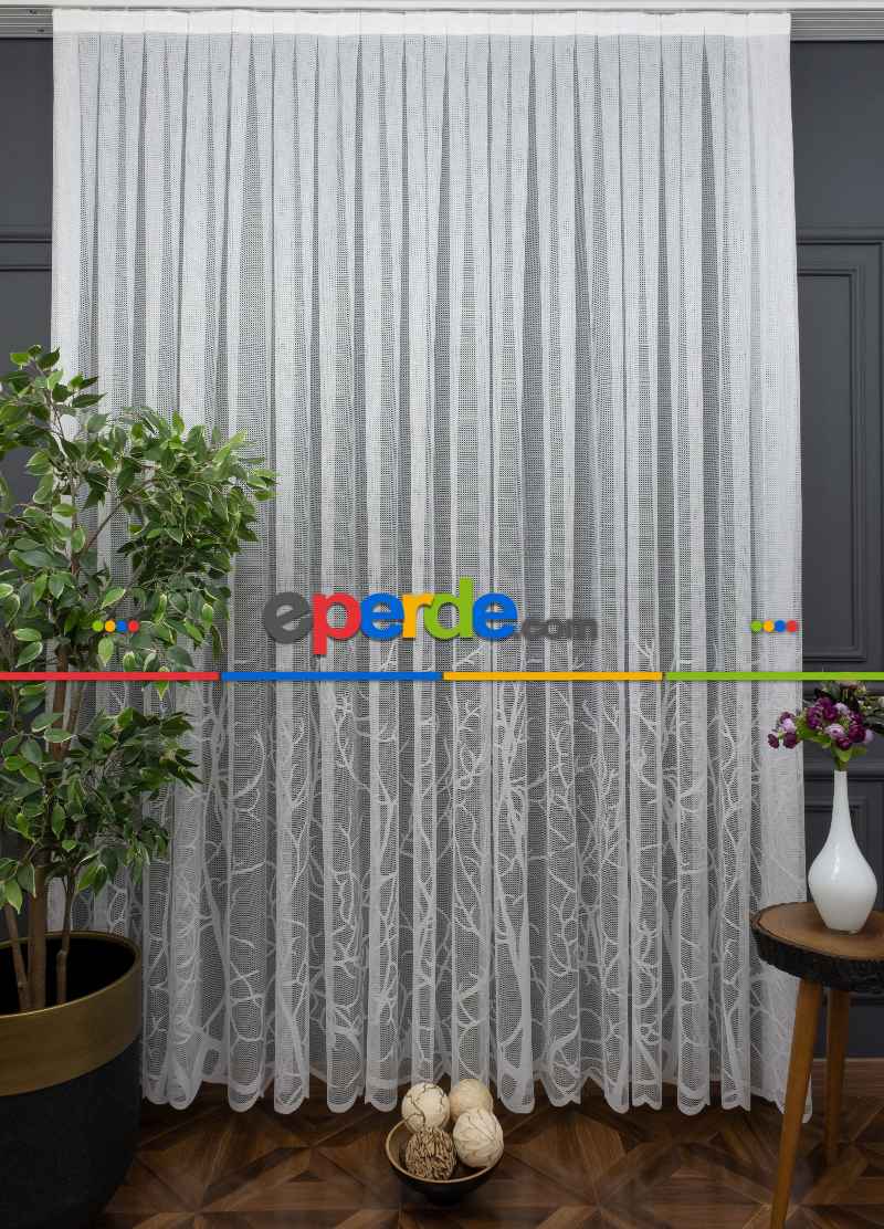 Salon - Dal Desenli Örme Tül - Ekru