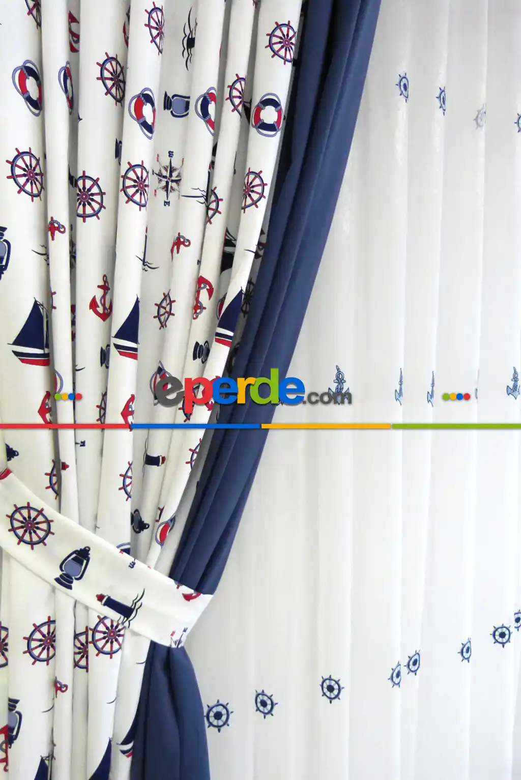 Çapa Desen Denizci Tül Perde 7345- Lacivert-Mavi-Bordo