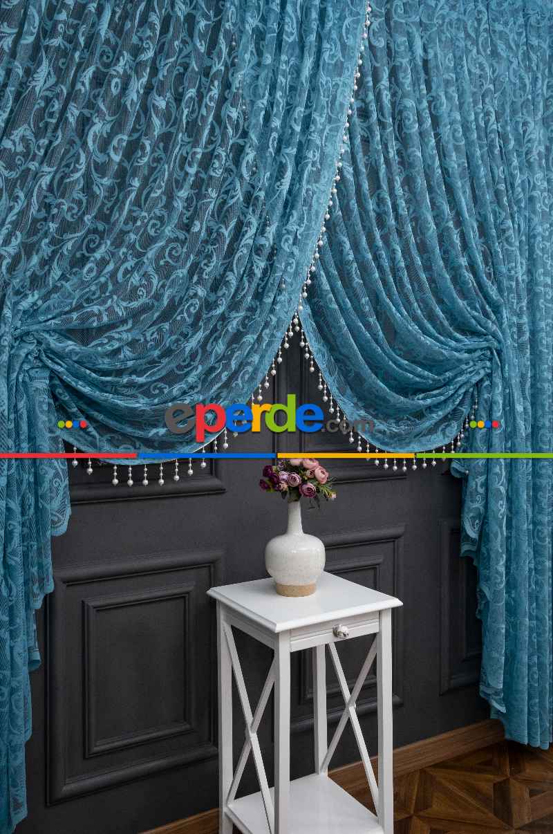 Petrol Mavi Sarmaşık Desen Tül Kruvaze Şal Tül Perde Yanki Tül - Düz Model Sipariş Seçeneği - Yatak Odası Tül