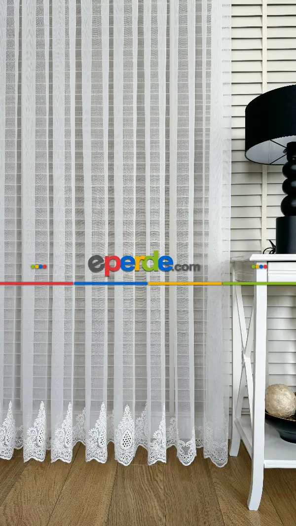 Ekru Etek Ucu Özel İplik Hafif Simli Damask Brode İşlemeli Tül Perde - Ağır Gramajlı Premium Nakışlı