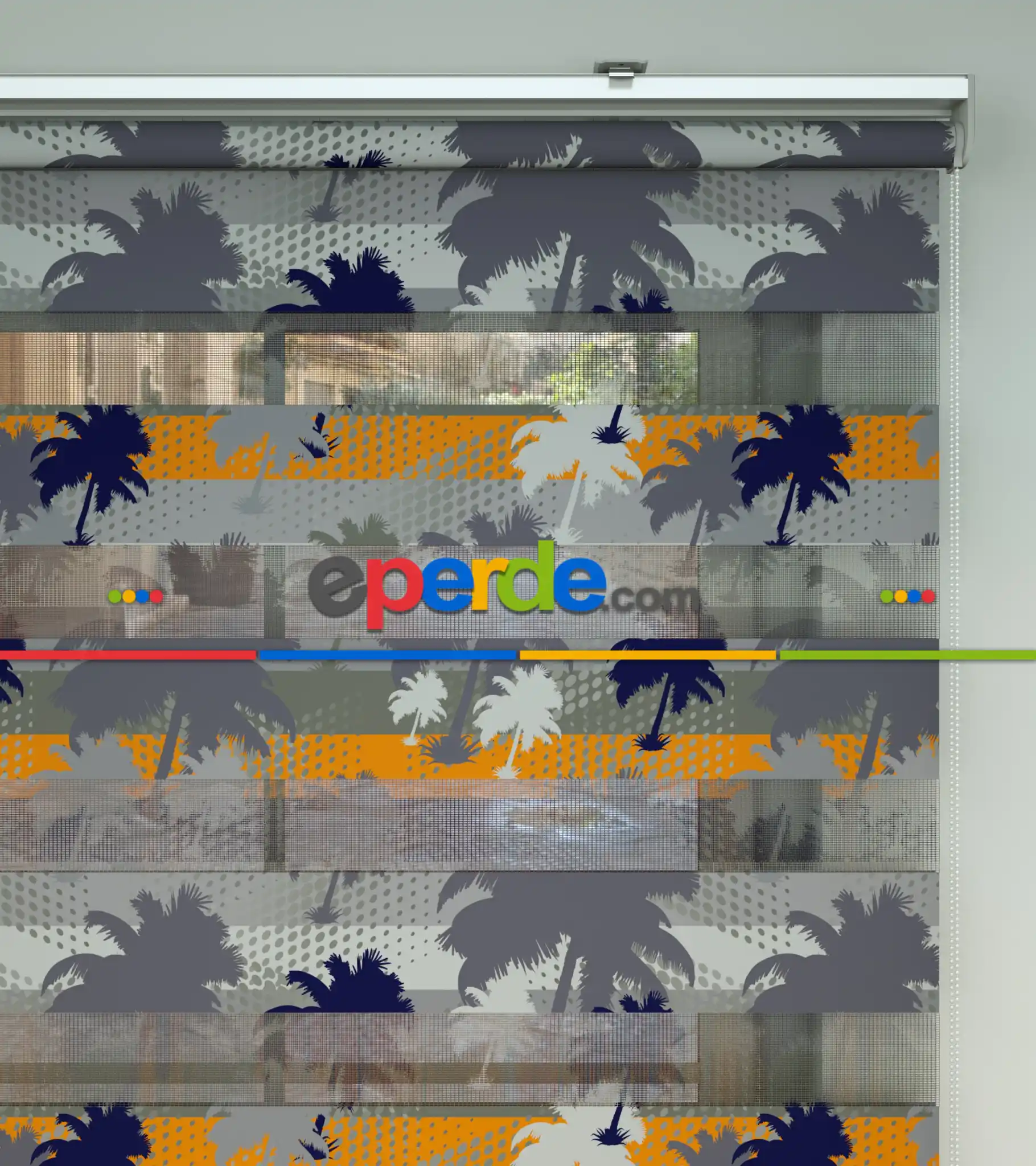 Genç Odası - Palmiye Desen Baskılı Zebra Perde- Lacivert-gri-füme-antrasit-turuncu