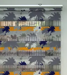 Genç Odası - Palmiye Desen Baskılı Zebra Perde- Lacivert-gri-füme-antrasit-turuncu