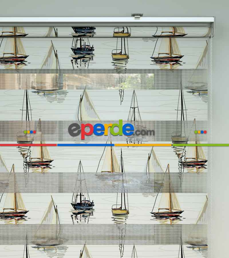 Yelkenli Desen Baskılı Zebra Perde- Çok Renkli