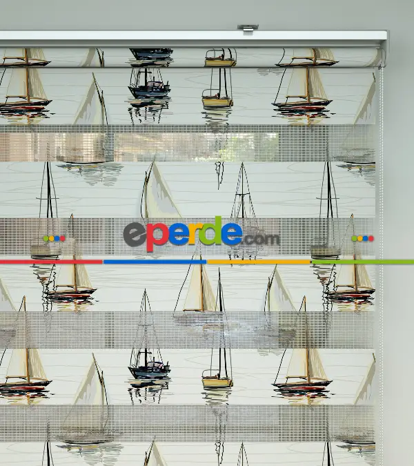 Yelkenli Desen Baskılı Zebra Perde- Çok Renkli