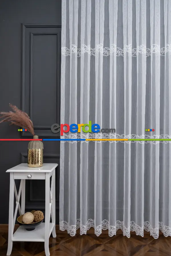 Hafif Keten Zemin Etek Ucu Desenli Tül Perde - Ütü İstemez - Ekru Kırık Beyaz Açık Krem - Modern Bantlı