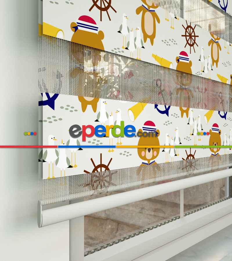 Denizci Ayıcık Desen Baskılı Zebra Perde- Çok Renkli