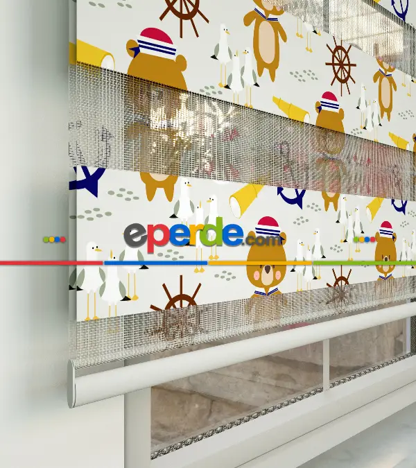 Denizci Ayıcık Desen Baskılı Zebra Perde- Çok Renkli