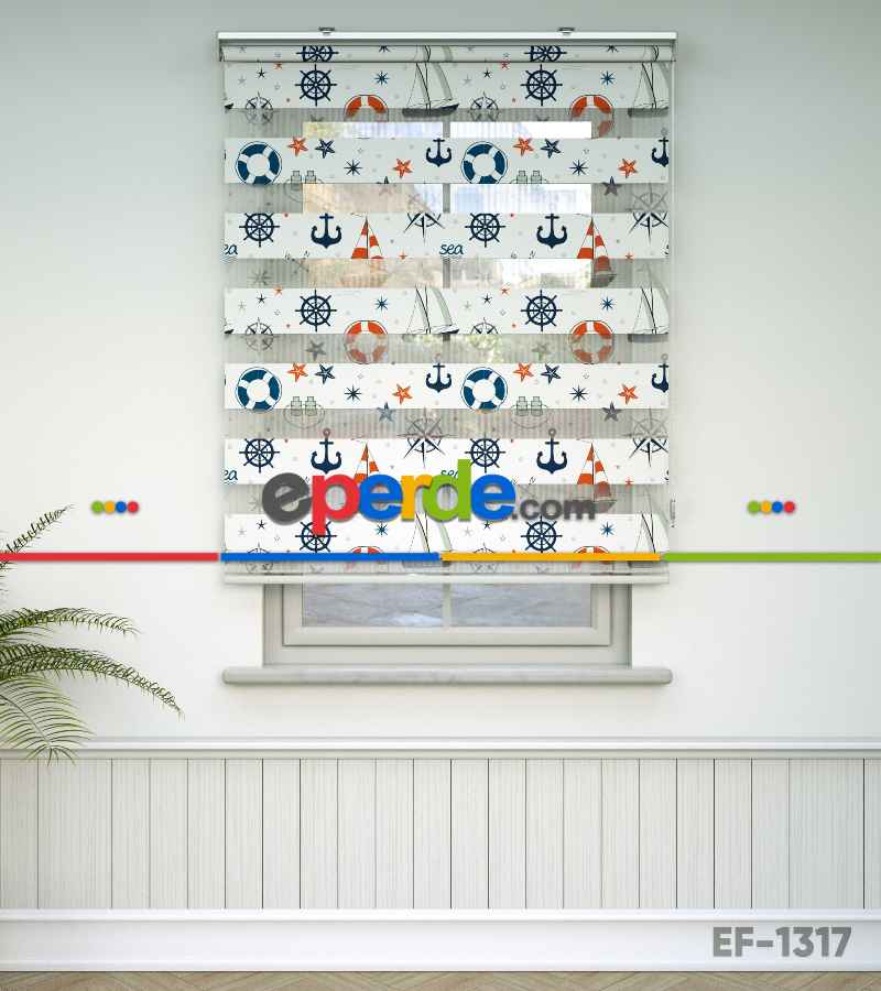 Bebek Odası Zebra Perde - Çapa Desen Baskılı Zebra Perde- Lacivert-Mavi-Kırmızı-Beyaz